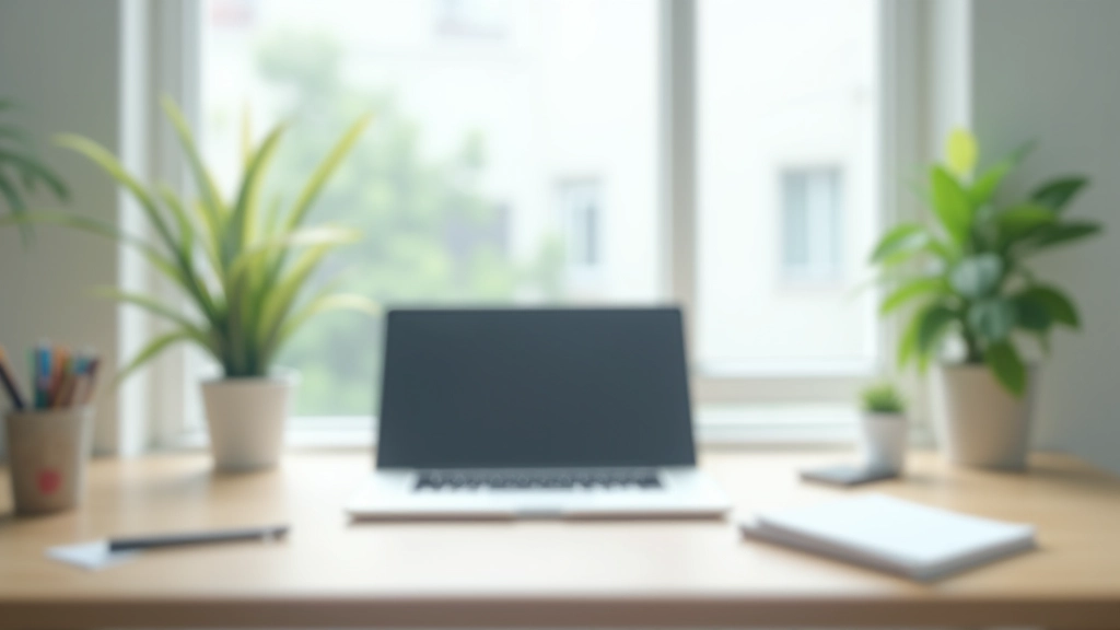 Minimalist desk setup with laptop, notebook, and single lamp in bright natural light