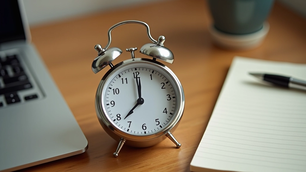 Analog kitchen timer showing 25 minutes, on wooden work surface with notebook and pen, overhead view, warm lighting