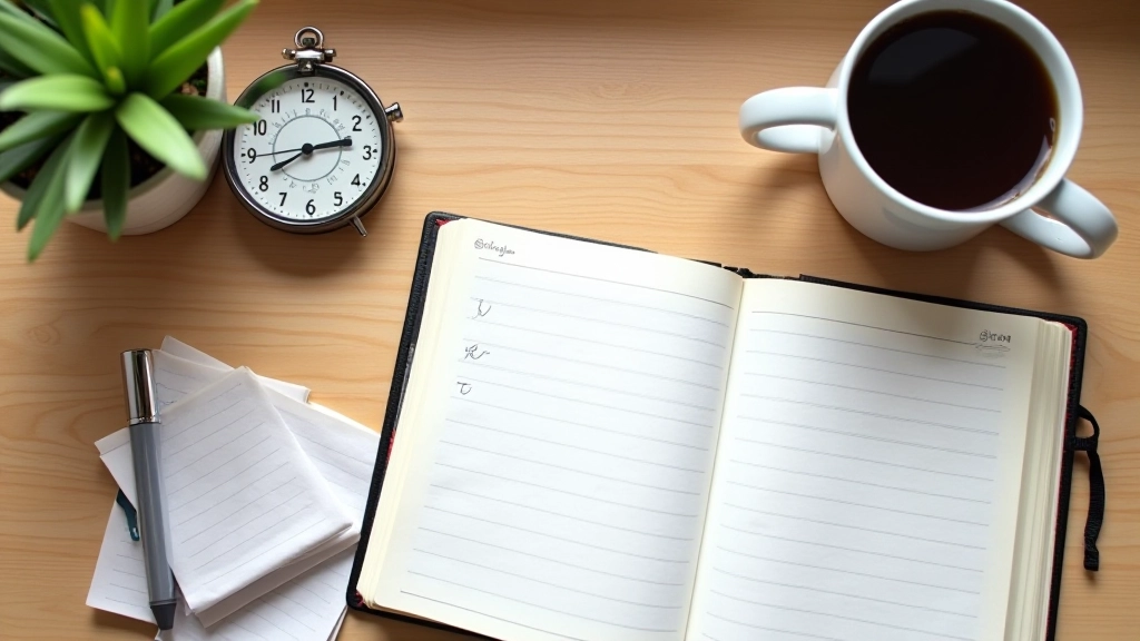 Desk workspace with Pomodoro timer, notebook, and coffee showing organized time management setup