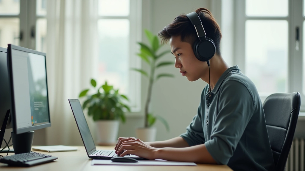 Person working at laptop with headphones in quiet home office space