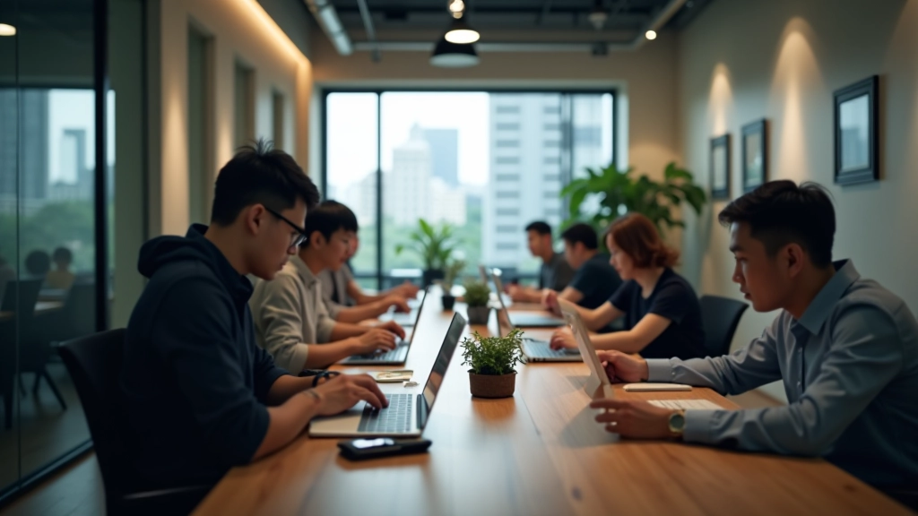 Freelancers working in a focused, productive co-working environment with natural light and modern workspace setup