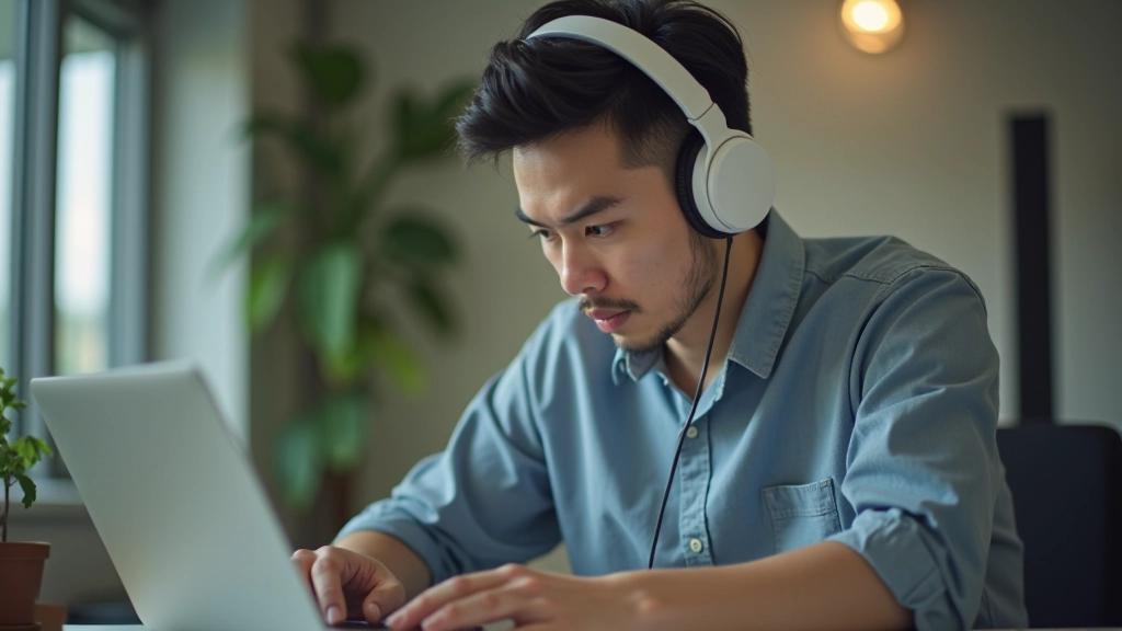 Person with headphones focused on work at desk during morning hours with sunlight