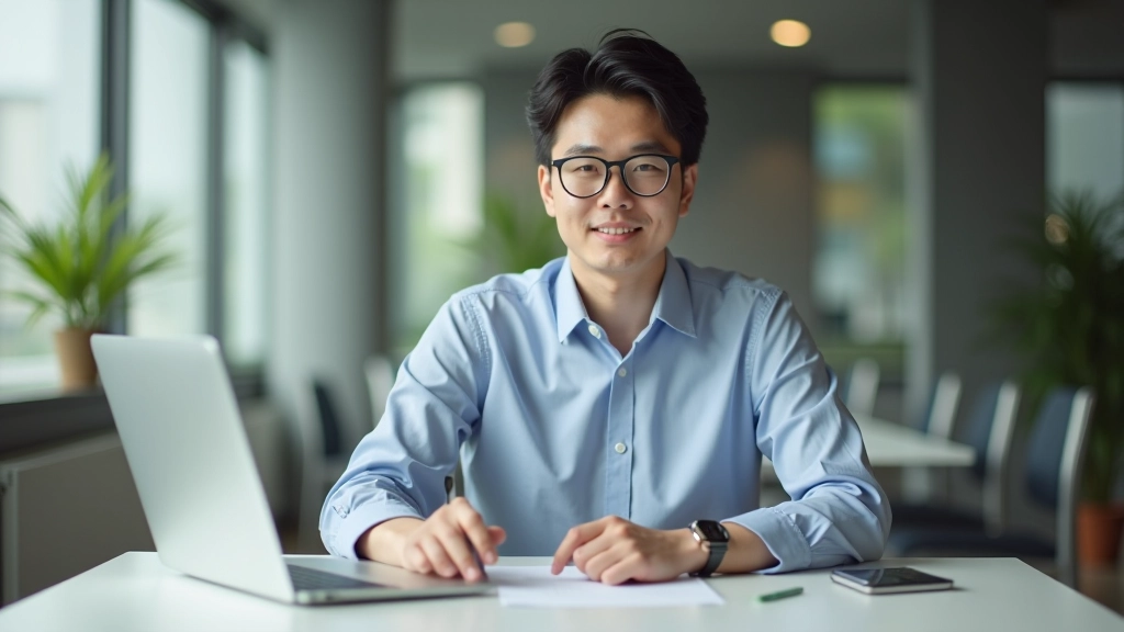Person sitting at minimalist desk with focused posture, single task visible, bright natural window light, productivity setup