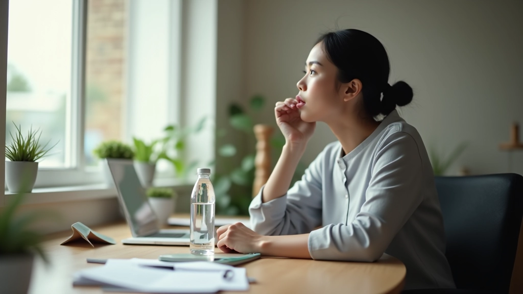 Freelancer taking a break with water bottle looking out window